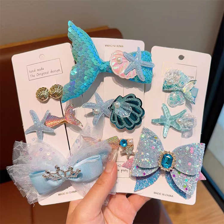 Children's mermaid hair accessory, ice and snow hair clip headwear, side clip little princess headwear, super fairy baby hair accessory set full figure