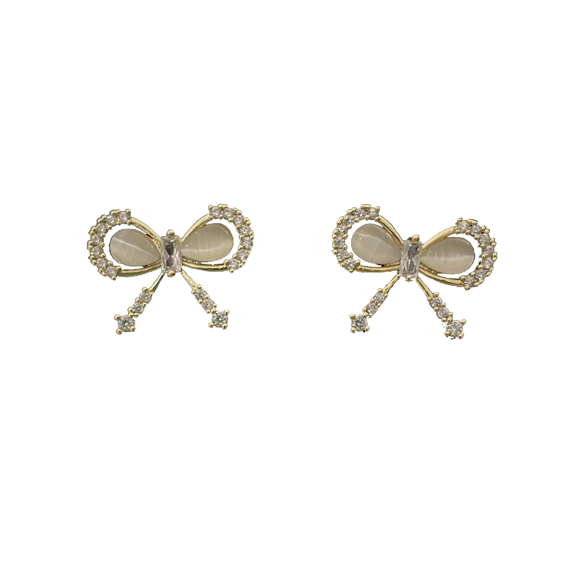Zirconium-inlaid cat's eye stone bow earrings for women, a light luxury, niche and high-end look, cold and elegant style, a popular earpiece on the Internet Item Picture