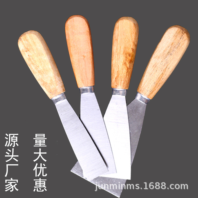Wholesale round-handled wooden putty knives, cleaning knives, double-clamped mirror-polished shovels, double-color handles, carbon steel and stainless steel shovels full figure