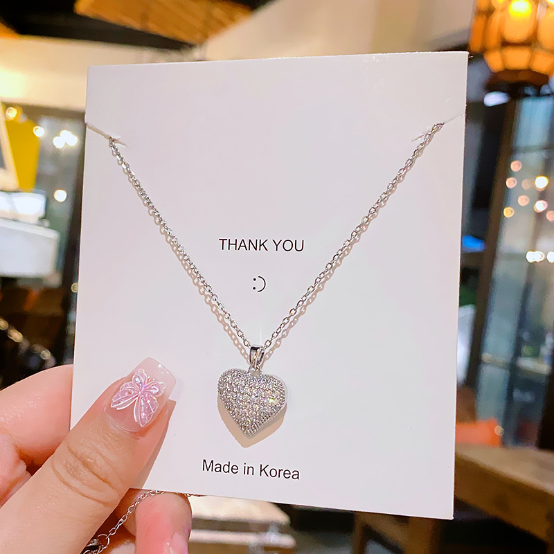 Fashionable daily love necklace for women, studded with diamonds, zircon titanium steel collarbone chain, elegant and versatile heart-shaped pendant accessory Specification drawing