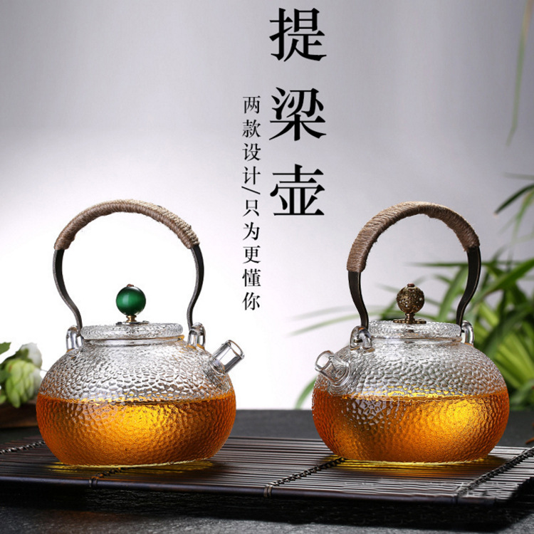 Wholesale high borosilicate glass teapots, thickened high-temperature resistant hammered glass teapots, copper handle teapots, filter spout flower teapots Specification drawing