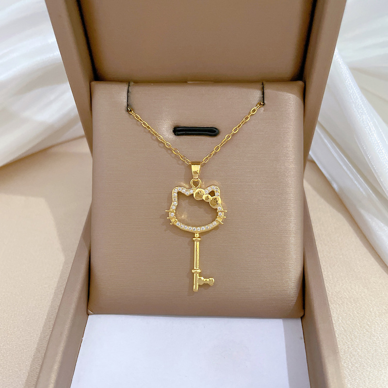 【 Titanium Steel 】 Cat bow key, elegant and luxurious, full diamond necklace, versatile collarbone chain, titanium steel chain full figure