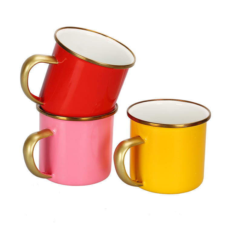 Metal pure enamel cup, gold-plated rolled edge enamel cup manufacturer, with printed LOGO, retro and creative Specification drawing