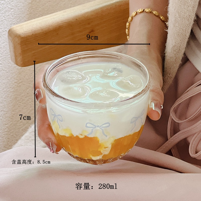 High appearance level, InS-style vertical pattern coffee cup, glass cup with lid, cold brew cup, latte coffee water cup, girlish heart cup Specification drawing
