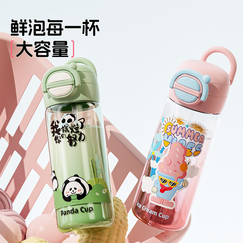 Large-capacity student and children's water cups, summer portable water bottles with straws, plastic cups, popular cartoon outdoor cups details Picture