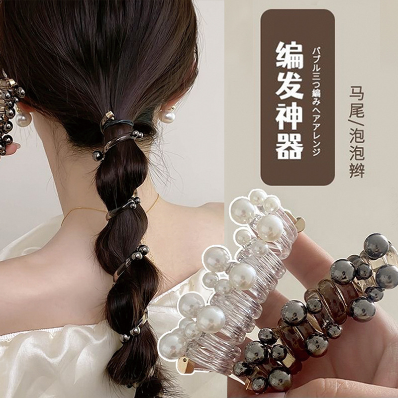 Korean-style pearl straight telephone line hair tie, a perfect tool for high school girls' ponytails, elegant bubble braid hair tie, fashionable braided hair tie full figure