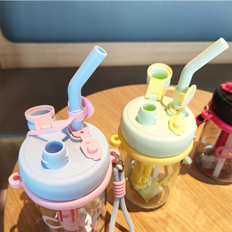 Summer portable rope double-drinking straw plastic water cup for student girls Korean version trendy tea stranding flower tea cup Specification drawing