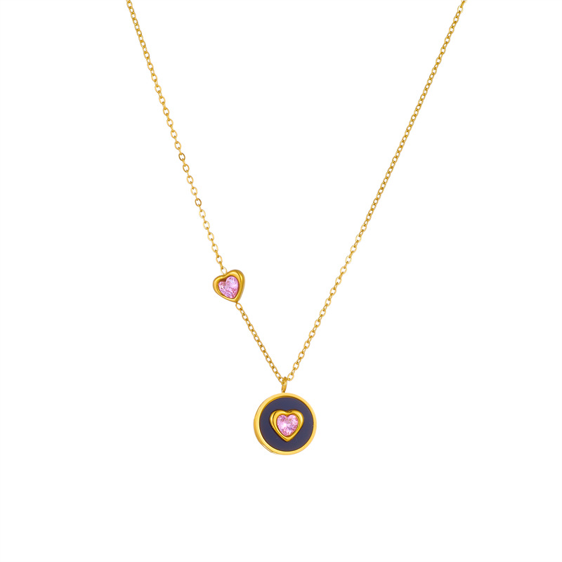 European and American fashionable and simple design, pink diamond heart-shaped round pendant chain, titanium steel gold-plated necklace Item Picture