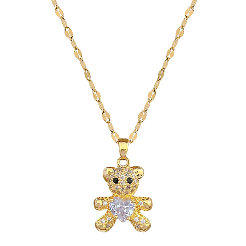 【 Titanium Steel 】 Little Bear Micro-inlaid Necklace and Earrings Set, Light Luxury micro-inlaid personalized and elegant banquet earrings and Necklaces combination Item Picture