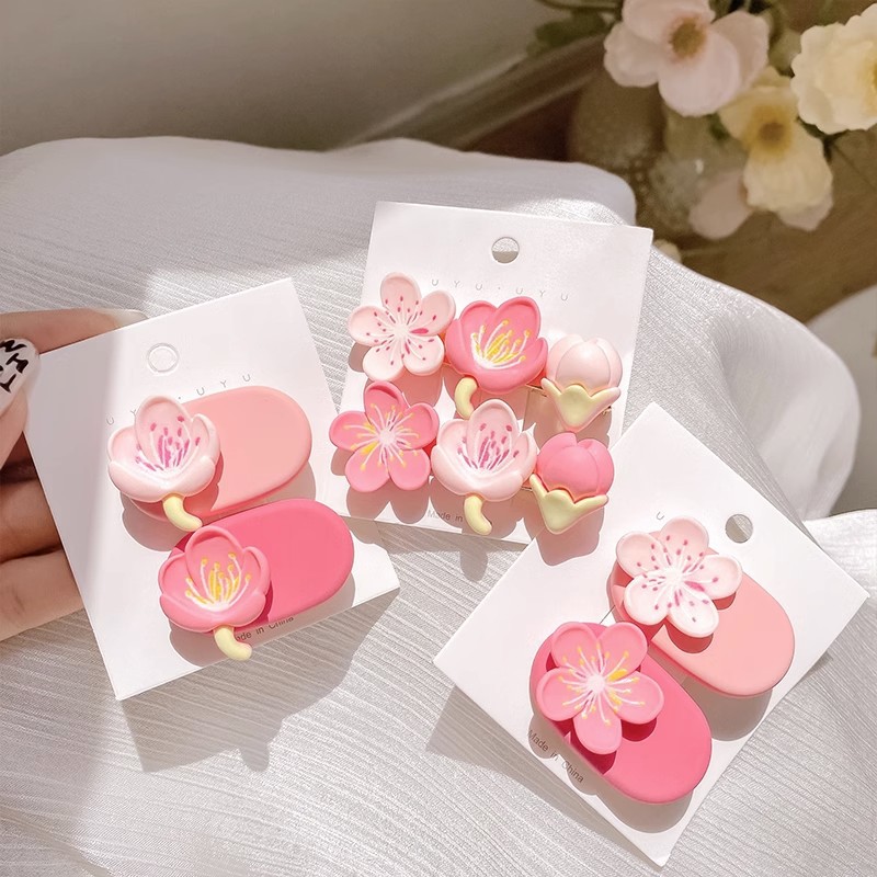 Pink cherry blossom hair clips, new summer style, cute flower edge clips, heart-shaped resin bangs, duckbeak hair accessories for girls Specification drawing