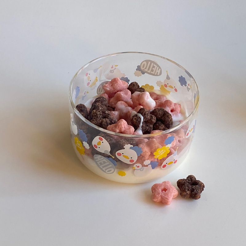 Korean ins Little Duck high borosilicate heat-resistant glass bowl cartoon printed breakfast tableware set can be microwaved details Picture