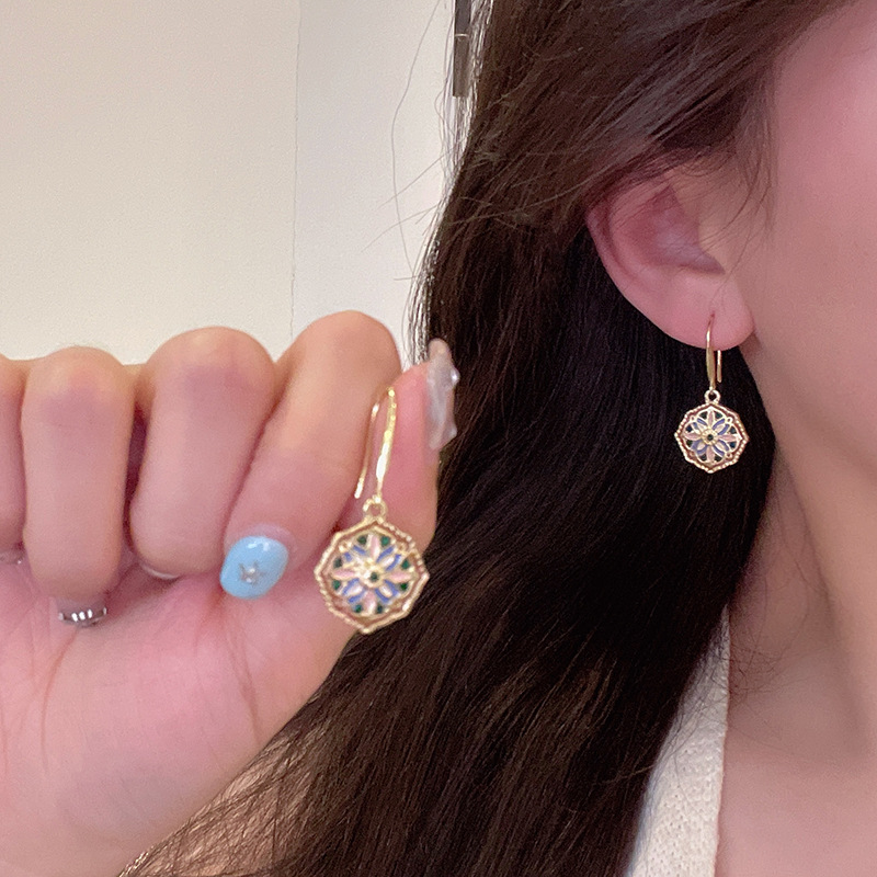 Monet Garden French retro glazed flower ear hook women's high-end earrings, elegant and atmospheric earrings and earrings details Picture