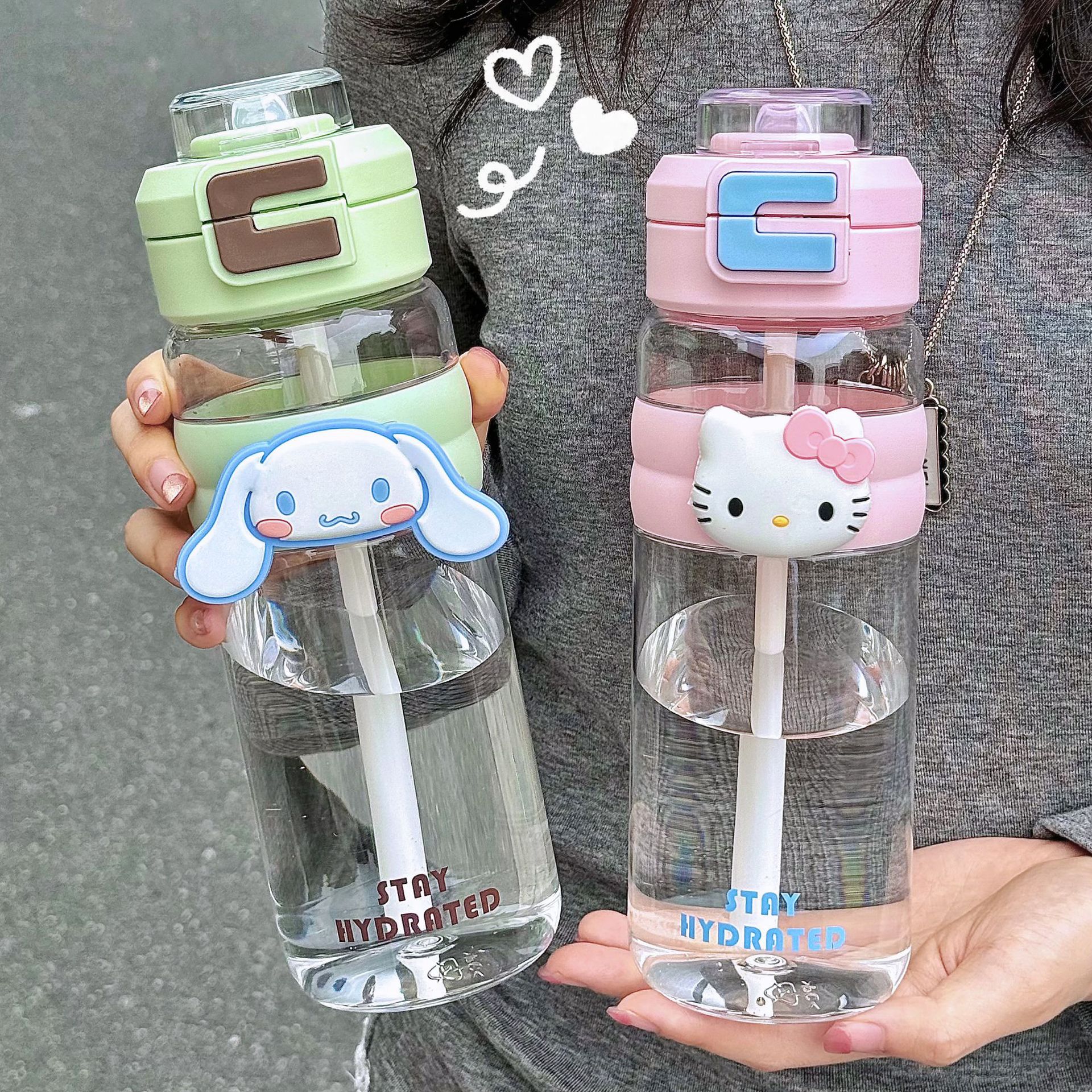 Simple and sporty water cup KT sticker, cute outdoor double-drinking plastic cup, summer student couple portable and easy to use cup full figure