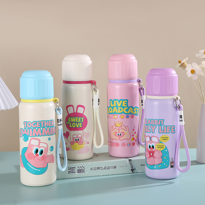New 316 stainless steel insulated cup, toast rabbit cute graffiti double drinking cup, dopamine with a drawstring children's water cup full figure