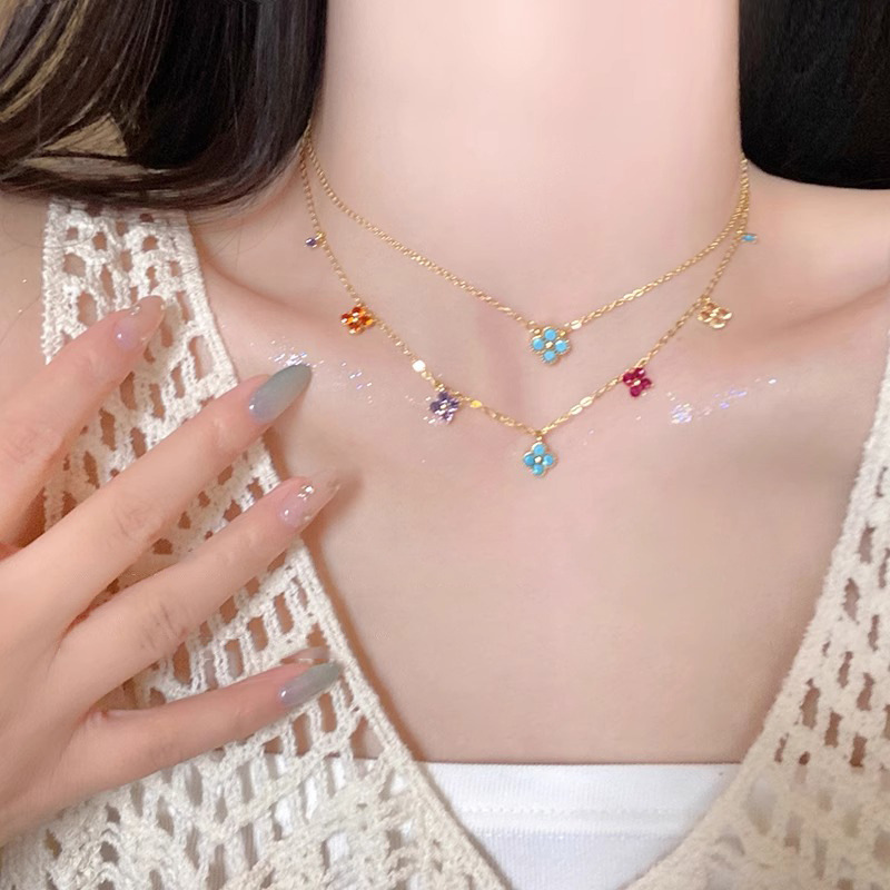 French retro colorful dopamine four-leaf clover necklace, a unique and light luxury style for women, layered collarbone chain Specification drawing