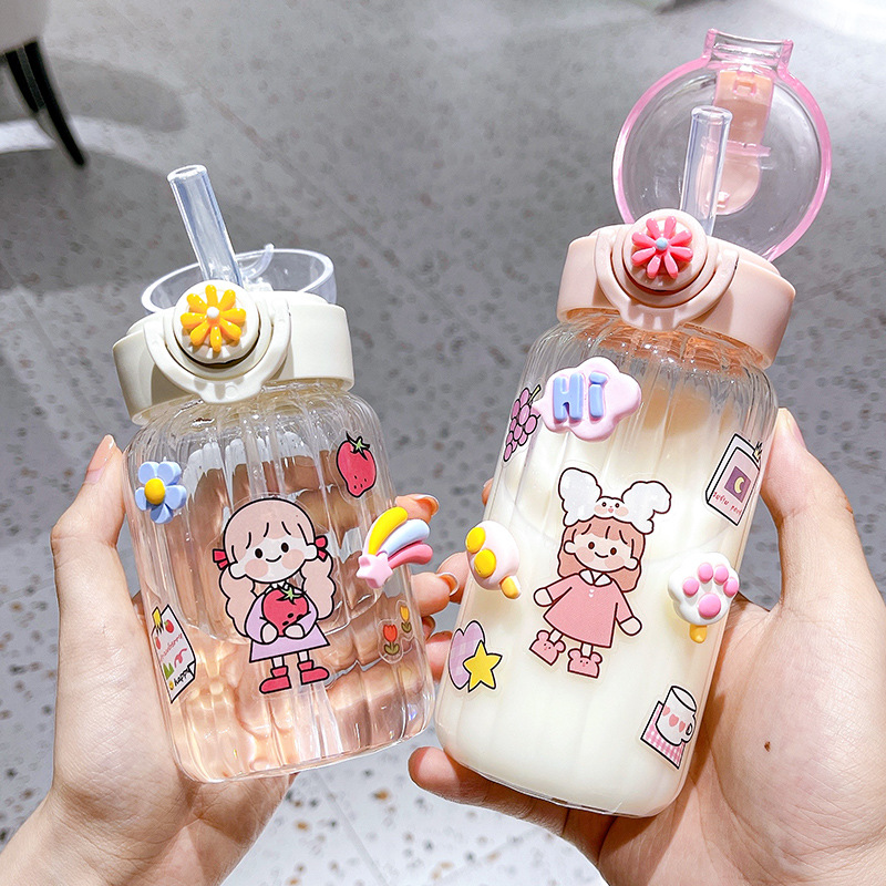 Glass straw cup, ins style creative vertical pattern forest-themed fresh water cup, portable leak-proof, high-temperature resistant, pop-up lid, portable cup Specification drawing