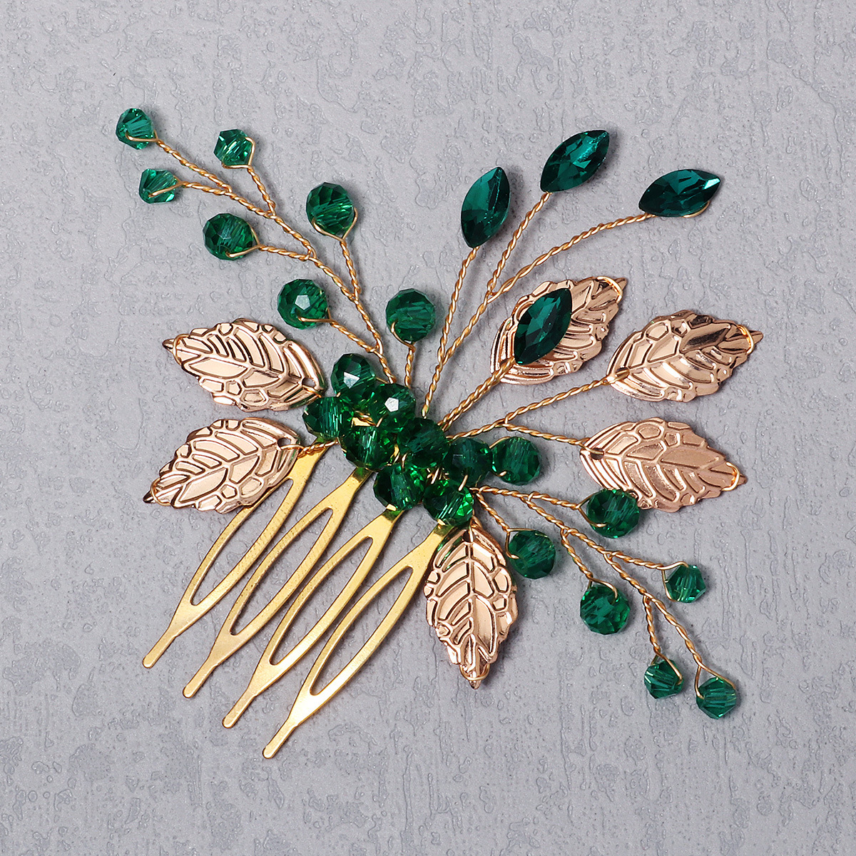 Cross-border retro alloy water diamond insert comb, handcrafted leaf green crystal headwear, ancient-style Hanfu accessories, bride's hair comb details Picture