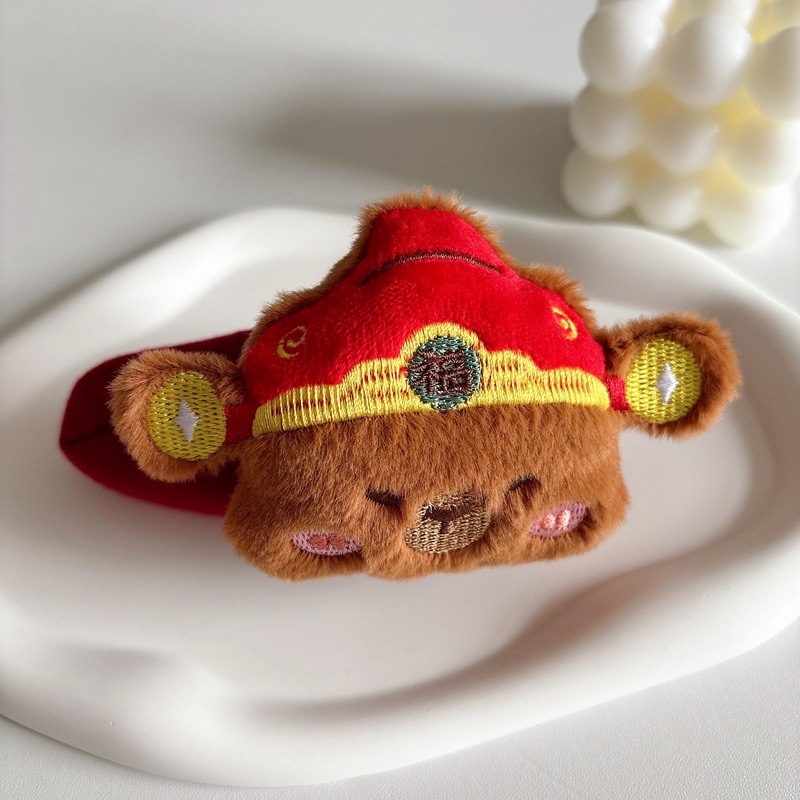 New Year cartoon plush Pacha dog hair clip, cute God of Wealth hat, capybara BB clip, creative new side clip hair accessory and headwear Application Scenario