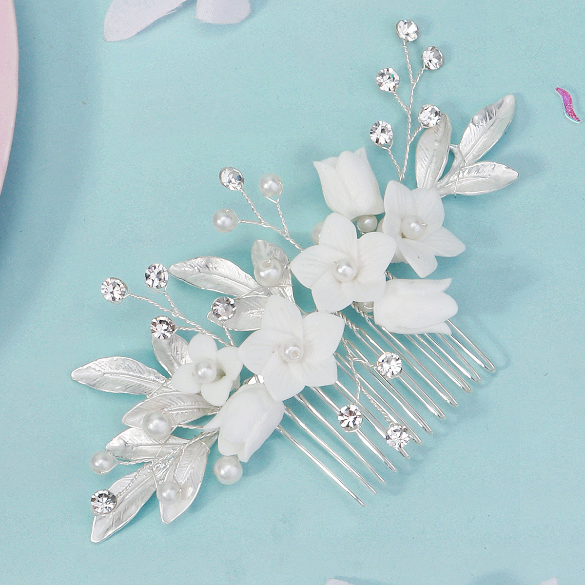 A beautiful and fresh wedding bride's hair bun and comb, handcrafted soft clay flower hairpin, ethnic style Xiuhe bride's headwear Specification drawing