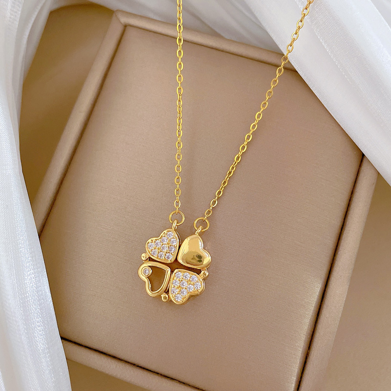【 Titanium Steel 】 New Women's necklace, a double-wear heart-to-heart opening and closing four-leaf flower full diamond, versatile collarbone chain, titanium steel Application Scenario