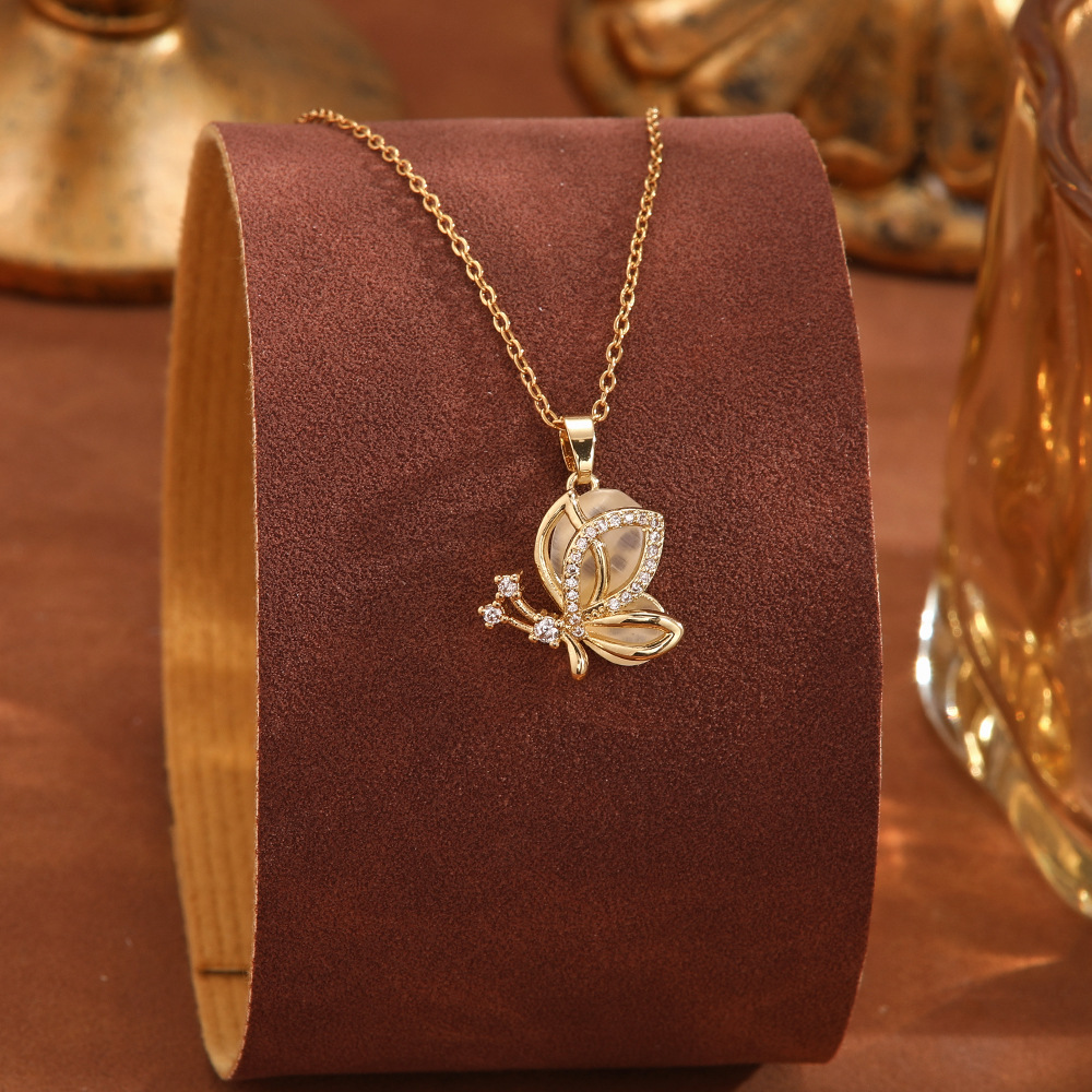 New light luxury copper micro-inlaid zircon necklace for women, fashionable moon rabbit butterfly pendant, elegant and versatile collarbone chain accessory details Picture