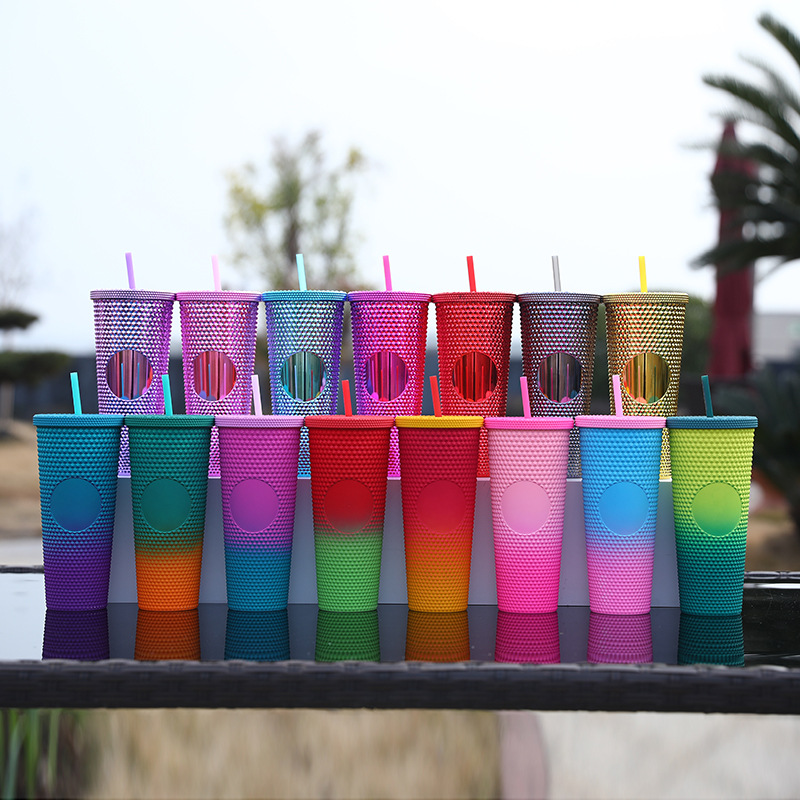 Factory direct supply custom double-layer plastic straw cup, large capacity with logo, Starbar durian cup, prickly fashionable water cup details Picture