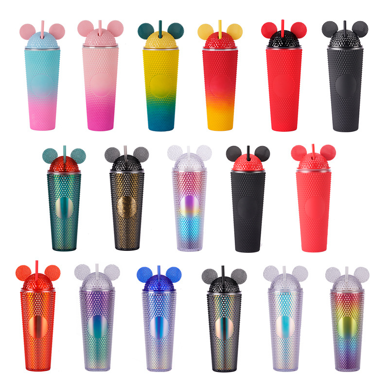 New cross-border Amazon double-layer plastic straw cup, large-capacity creative sharp hand cup, portable cat ear cap durian cup full figure