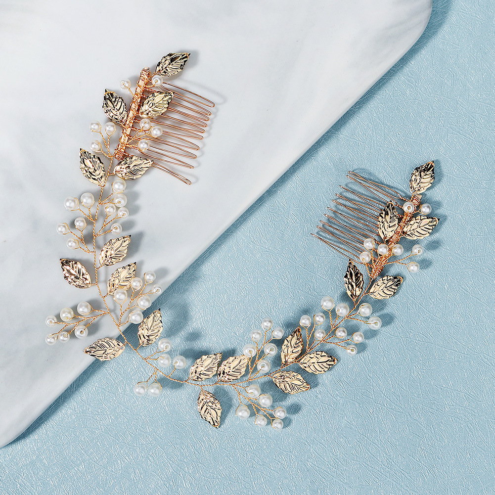 Amazon's new wedding accessories: Handcrafted pearl pair combs, long handcrafted golden leaf interlocking combs, bridal headwear full figure
