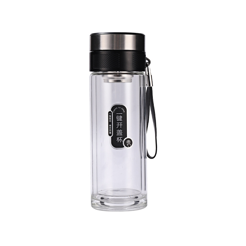 One-click lid opening glass cup, portable handle car quick-opening cup, double-layer glass men's business gift tea cup Item Picture