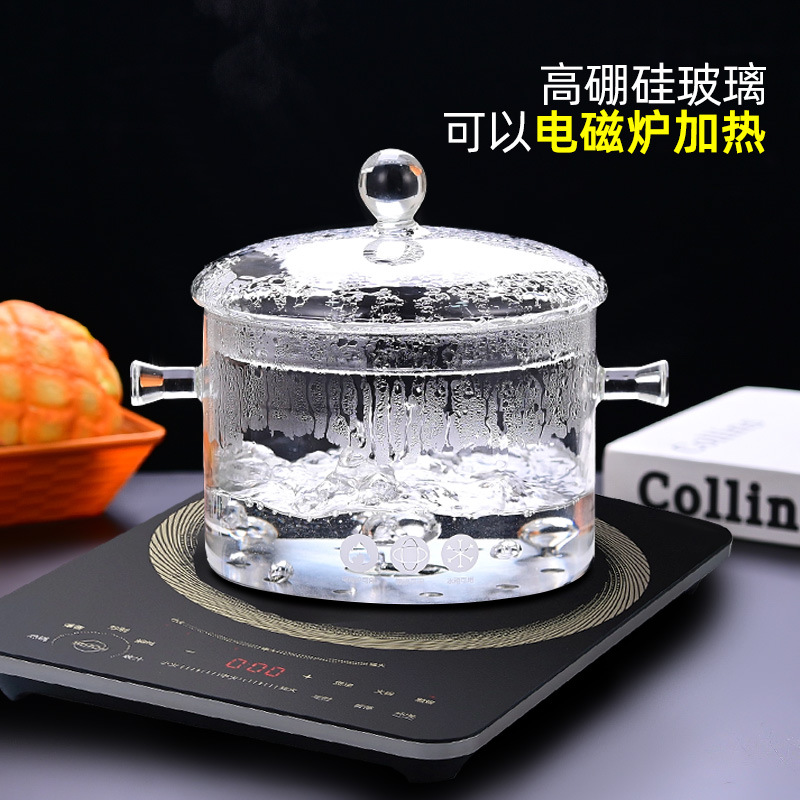 Wholesale large-capacity transparent glass pot, thickened high-temperature resistant double-ear covered instant noodle pot, open flame heating health pot Specification drawing