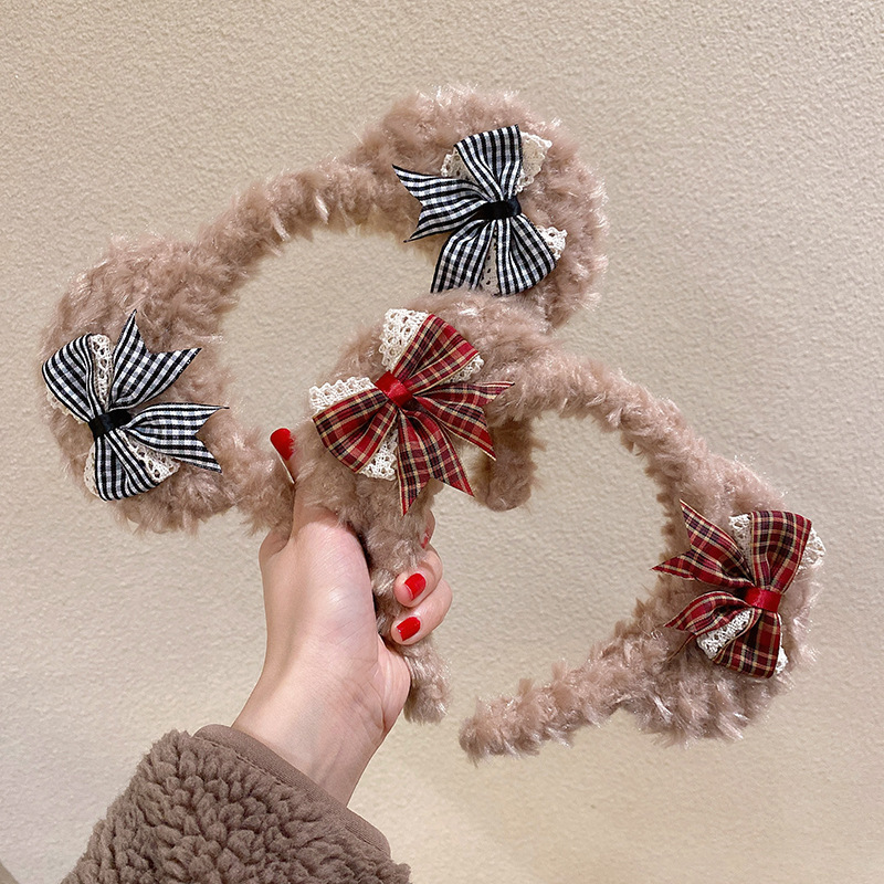 New school-style cartoon cute plush bear headband headwear, autumn and winter lambskin face-washing headband for girls, cute and trendy full figure