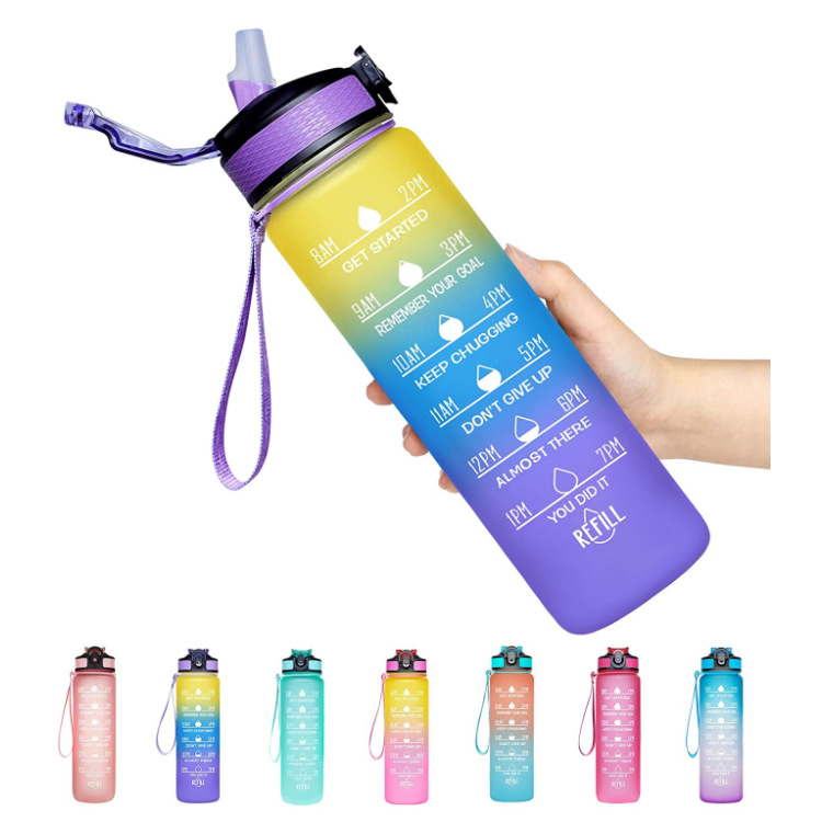Amazon gradient color plastic cup 1000ml Space cup with pop-up lid, frosted straw cup with time scale in stock Specification drawing