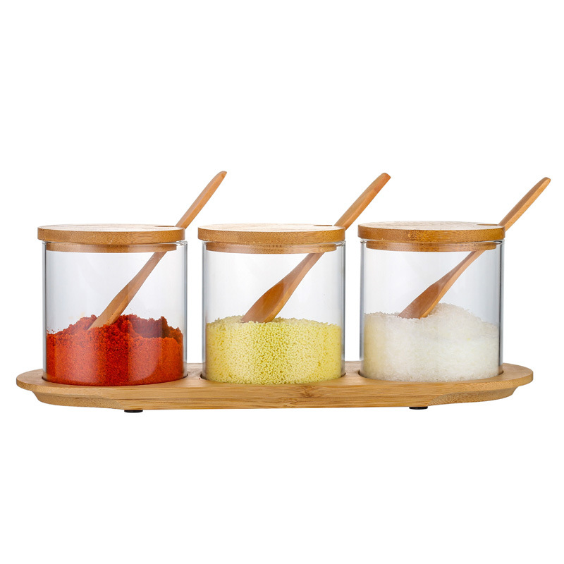Round high borosilicate glass seasoning jar set, European-style seasoning jar combination seasoning box with wooden lid wholesale Item Picture