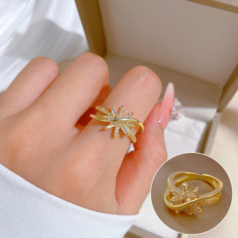 【 Real gold electroplating 】 Open starry light female fashion micro-inlaid light luxury ring index finger ring, the same style as Internet celebrities, cold style full figure