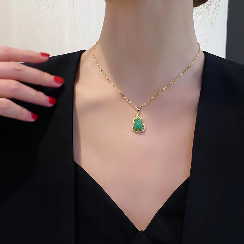 Fashionable and simple green small gourd pendant titanium steel necklace for women, summer bestseller zircon collarbone chain accessory short style details Picture