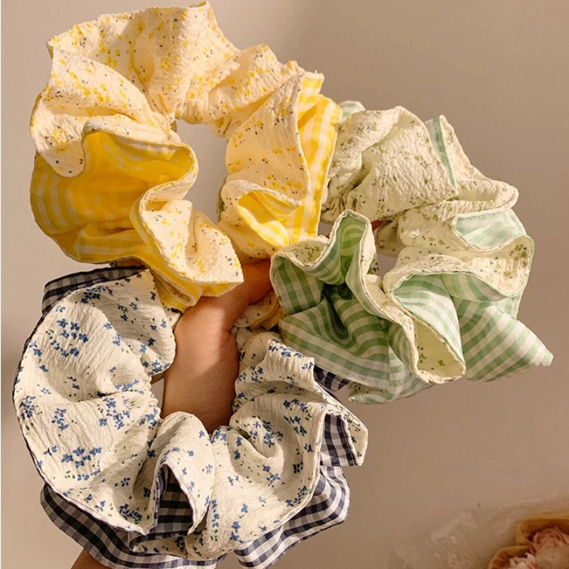 Spring Whispers ~ Yellow checkered large intestine hair tie for women, a laid-back and elegant style, hair rope bun hairstyle, hair tie headwear full figure