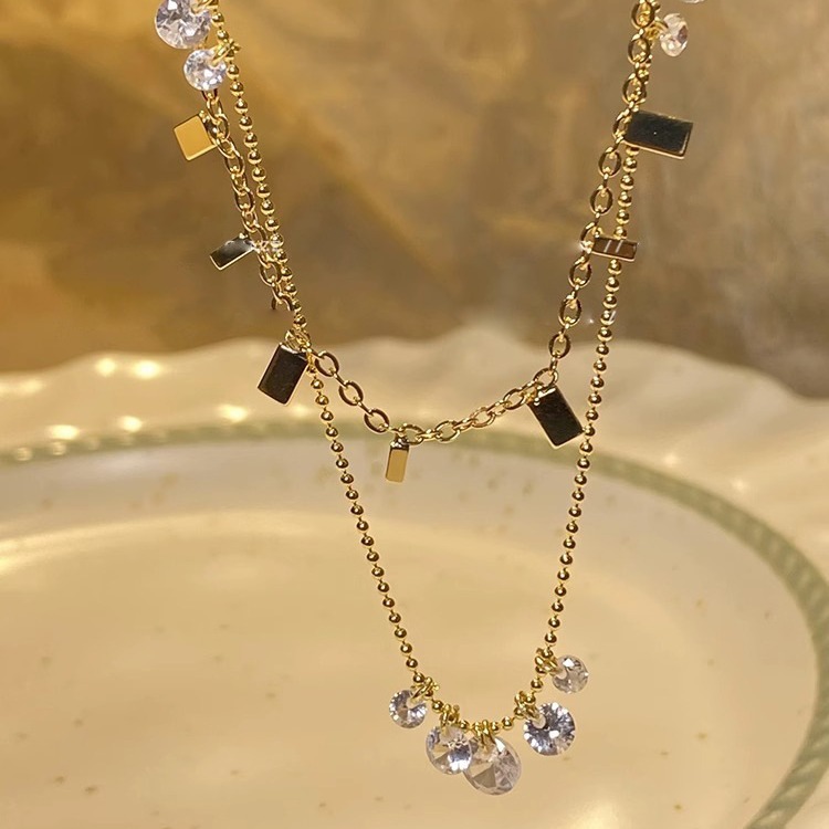 The atmosphere is at its peak! Double-layer super flash Zircon necklace, a light luxury and niche design for women's collarbone chain, a stylish necklace Specification drawing