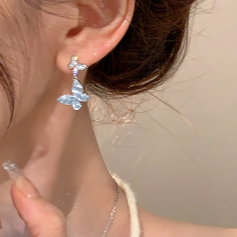 S925 Silver Needle blue crystal butterfly Stud earrings, a trendy and fresh design for women with tassel earrings, is a best-selling accessory Application Scenario