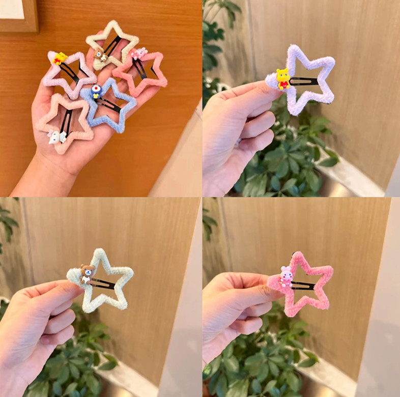 New autumn and winter children's cartoon five-pointed star plush hair clips, bangs clips, side clips, cute girl star broken hair clips details Picture