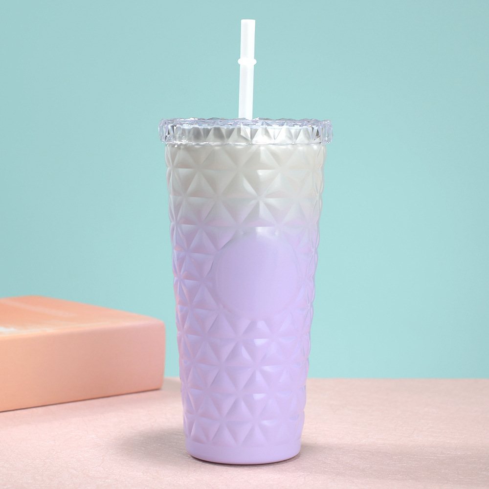 Wholesale of new cross-border gradient diamond-patterned straw cups, outdoor portable 304 stainless steel car-mounted coffee cups details Picture