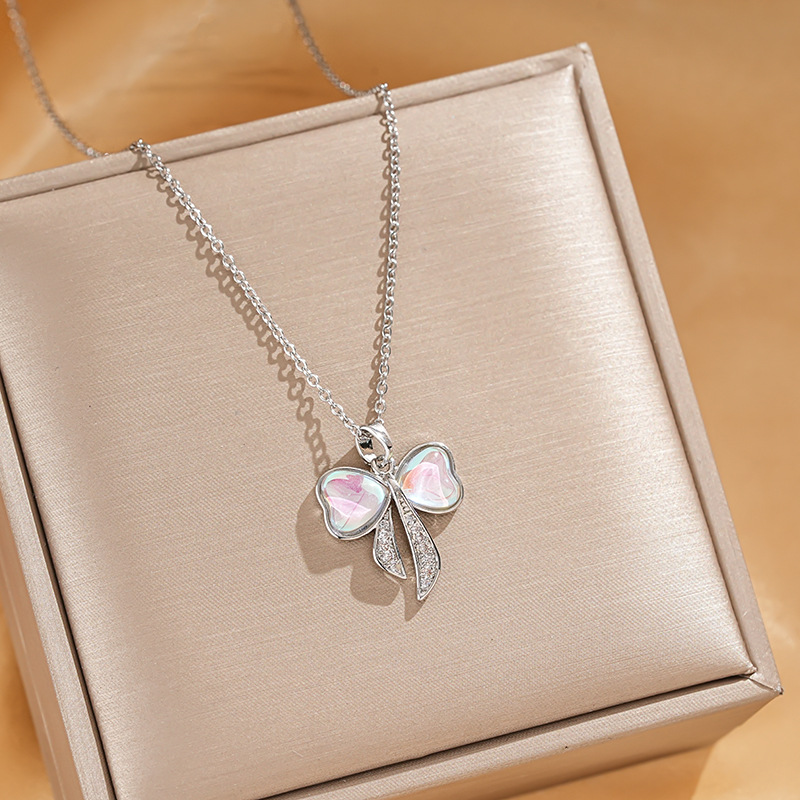Korean InS-style zircon bow pendant titanium steel necklace women's fashion colorful tassel collarbone chain accessory wholesale details Picture