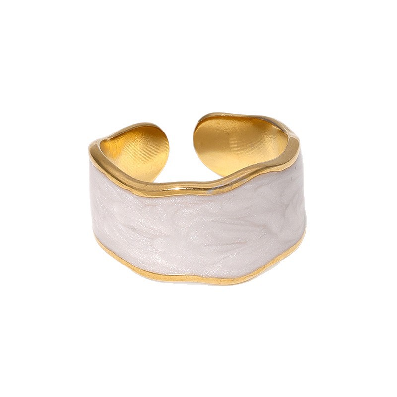 Amazon Cross-border Fashion and simplicity stainless steel gold opening adjustable heart-shaped oil-dripping pearlescent white ring set Item Picture