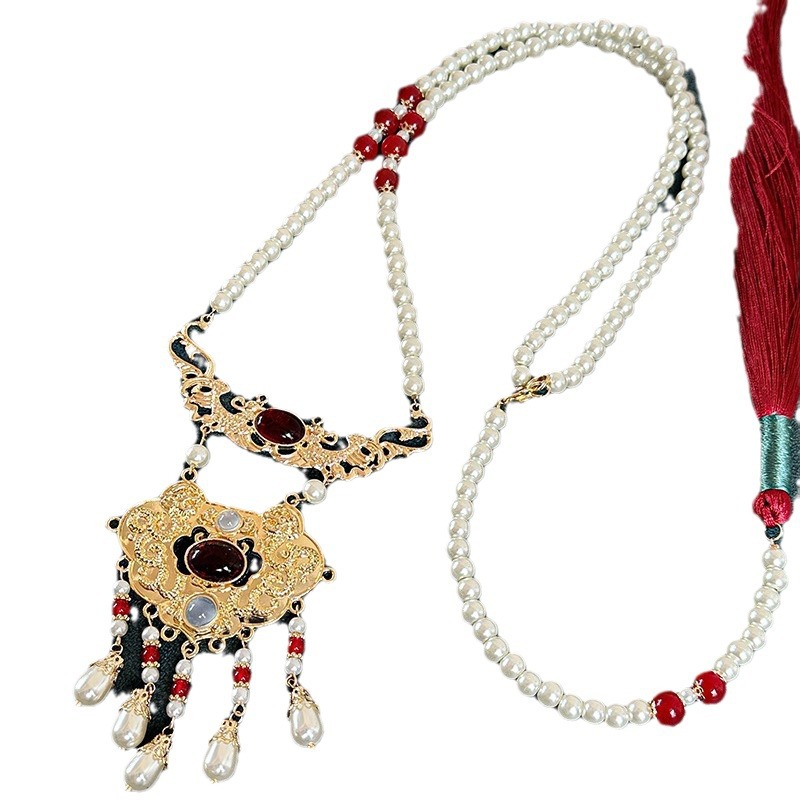 Double-layered Hanfu necklace with cloud back, long necklace, horse face skirt and red long tassels, ancient-style Ming Dynasty long necklace Item Picture