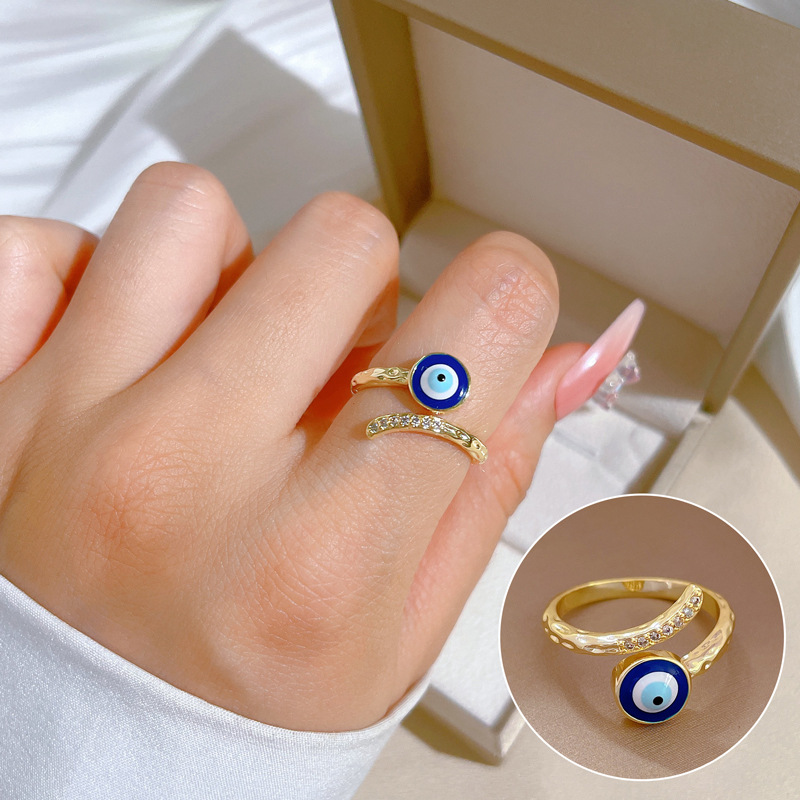 【 Real Gold 】 Eye zircon ring with adjustable opening, simple Japanese-style jewelry, couple rings full figure