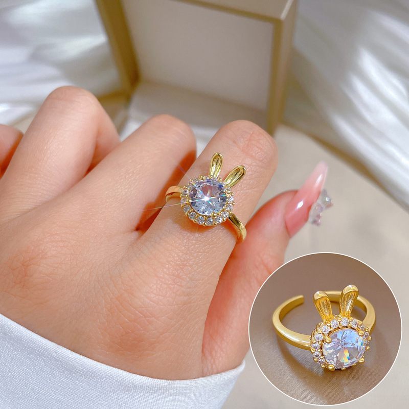 【 Real Gold 】 Rabbit Super Flash Zircon Ring with Adjustable opening, simple jewelry, Japanese-style ring couple rings full figure