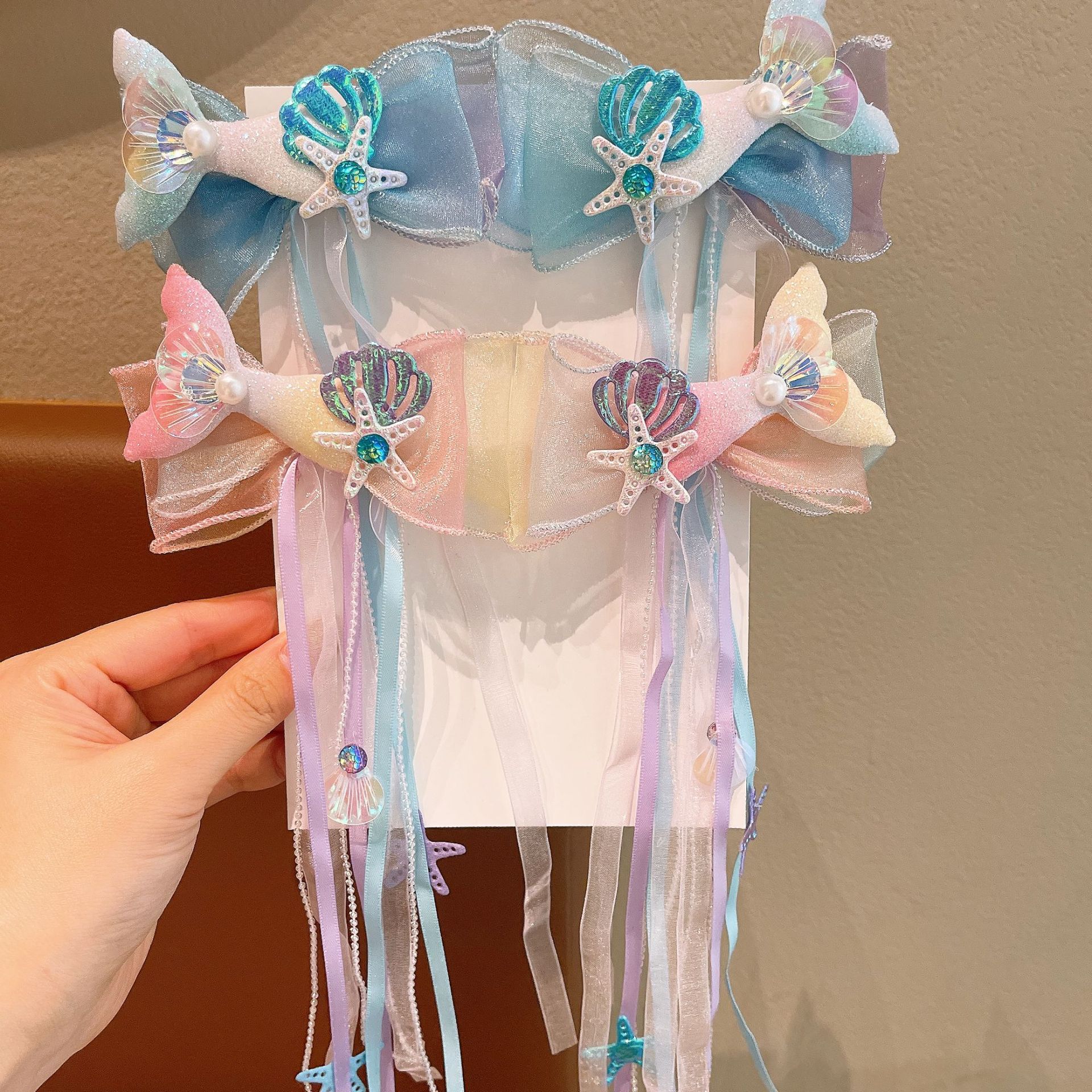 Children's shell fish tail clip, little girl's super fairy-like bow ribbon braided hair clip, Elsa Princess Mermaid headwear details Picture