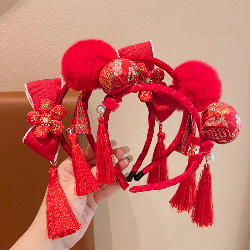 New Year's ancient-style tassels, Chinese-style red headwear, first birthday hair band, Tang suits, Hanfu accessories, baby bows, festive details Picture