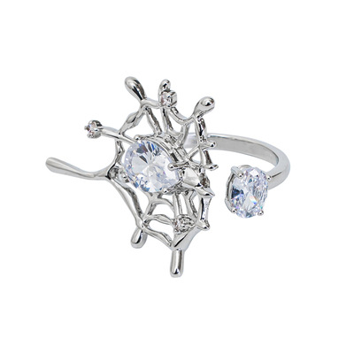 Sweet and cool spider web zircon ring for women, with a unique hollowed-out design sense, dark and cold style food ring, trendy and cool Item Picture