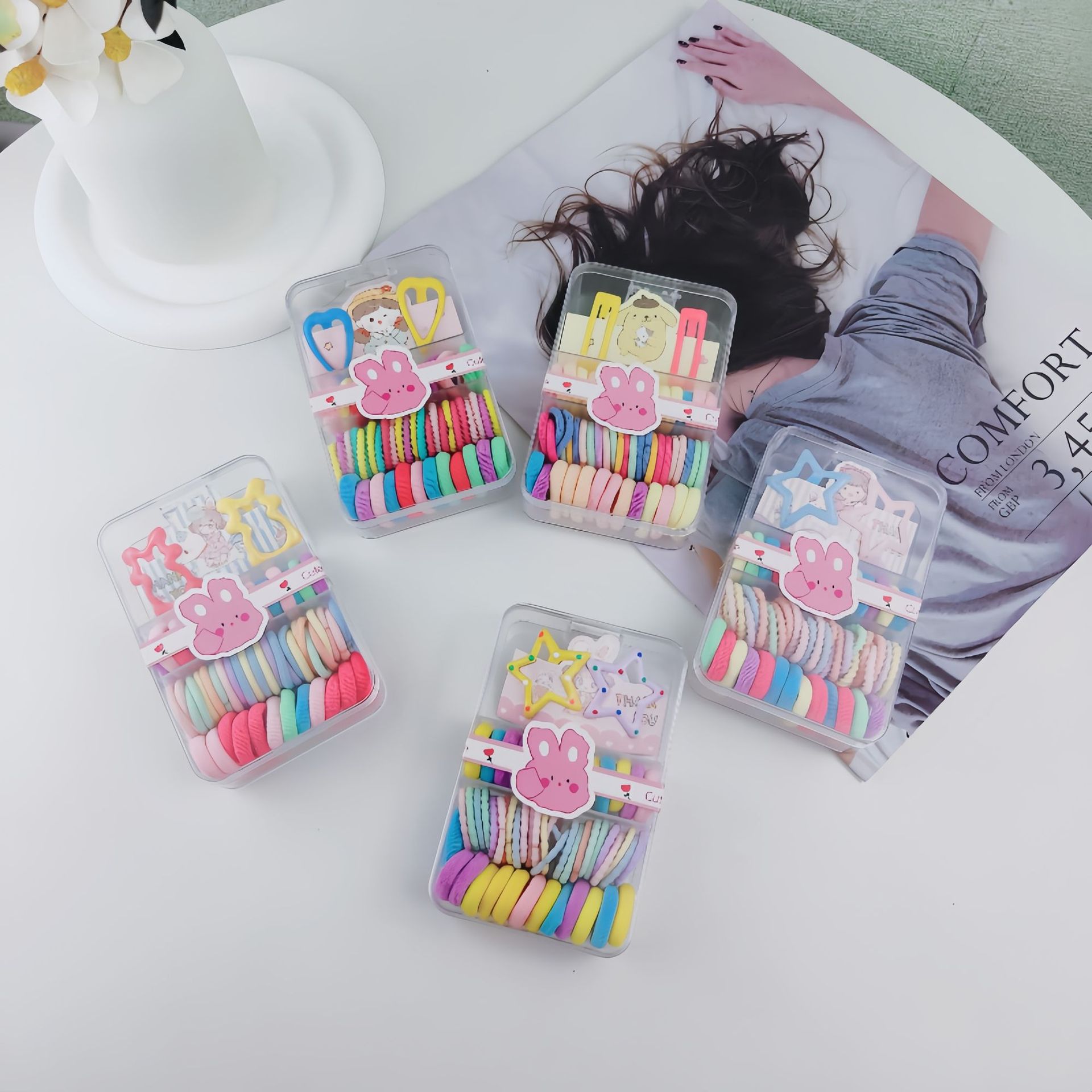 Children's colorful thumb noodle hair band non-damaging square box set, new small band non-damaging hair combination set full figure