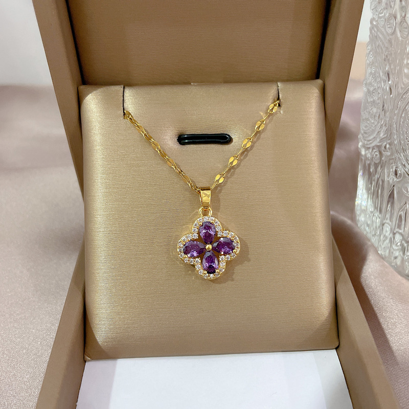 【 Titanium Steel 】 New niche design style slightly inlaid zircon amethyst four-leaf flower pendant Titanium steel collarbone chain jewelry full figure